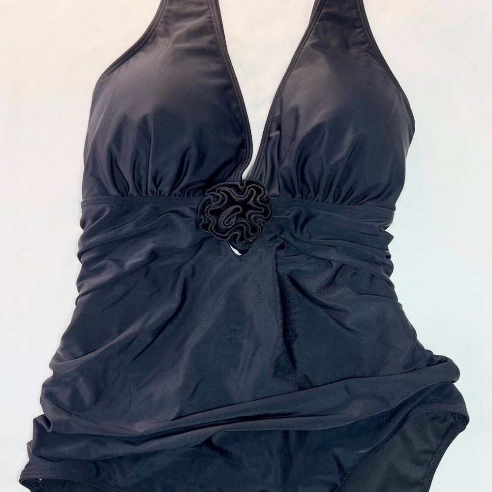 Blooming Jelly One Piece SwimSuit Criss Cross Tie Back w/ Flower - Sz XL - Black